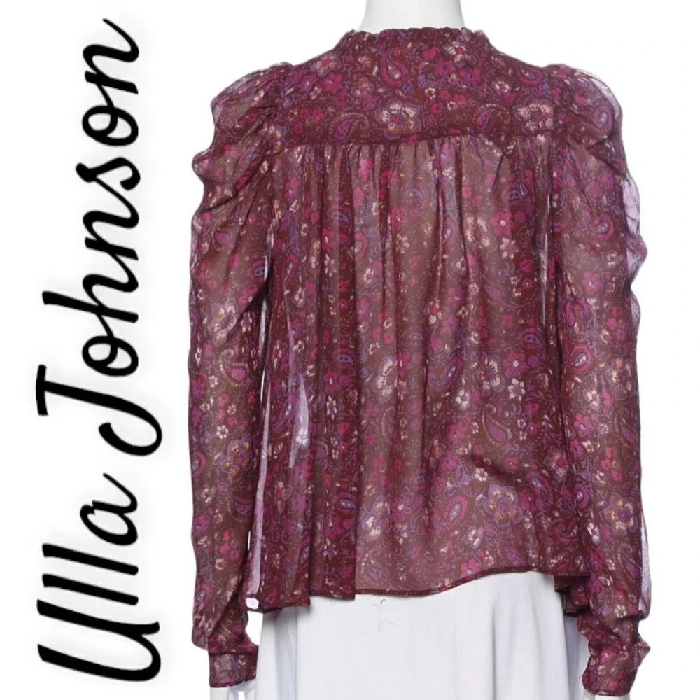 ULLA JOHNSON Renly Silk Paisley Blouse Plum Purple Boho Luxe Romantic,‎ Size 0